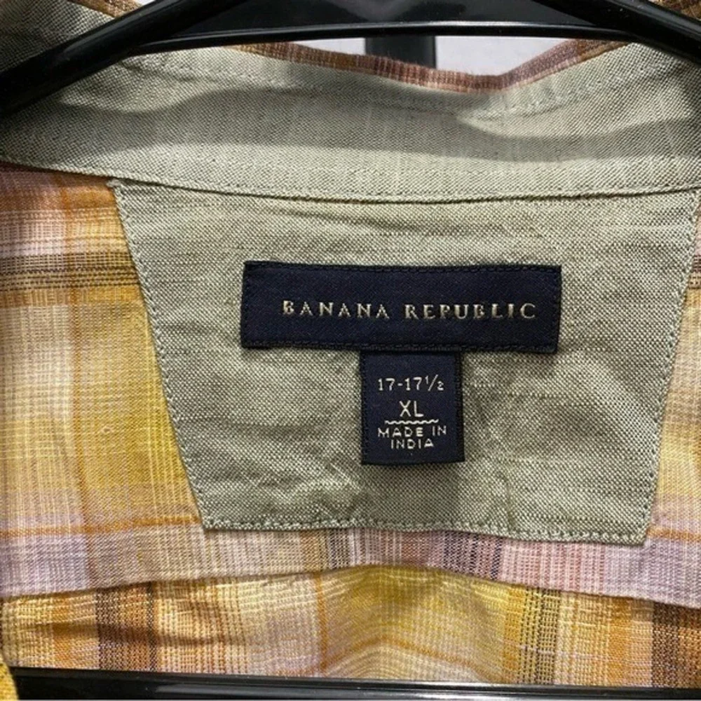 Bananas Republic Linen Blend Button Down Sleeve Shirt Plaid 17/17.5 Mens Western